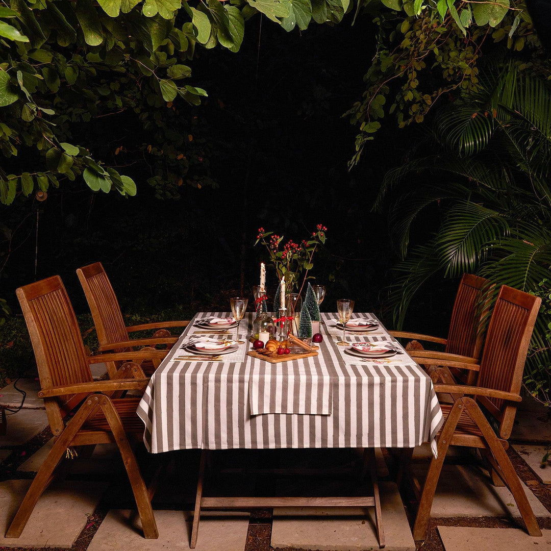Grey Stripe Table Linen Set with Embroidered Napkins-Table Runners-House of Ekam