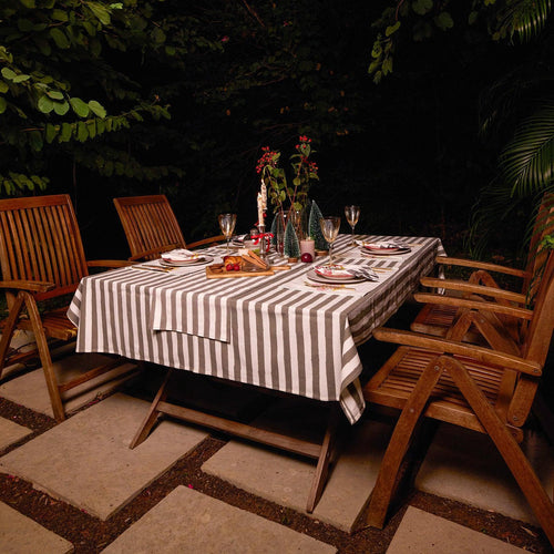 Grey Stripe Table Linen Set with Embroidered Napkins-Table Runners-House of Ekam