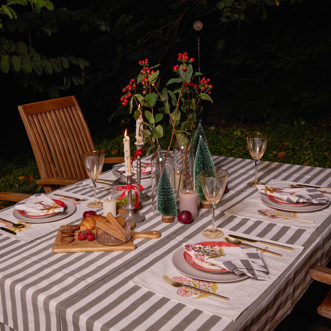 Grey Stripe Table Linen Set with Embroidered Napkins-Table Runners-House of Ekam