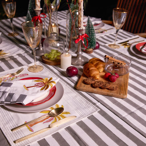 Grey Stripe Table Linen Set with Embroidered Napkins-Table Runners-House of Ekam