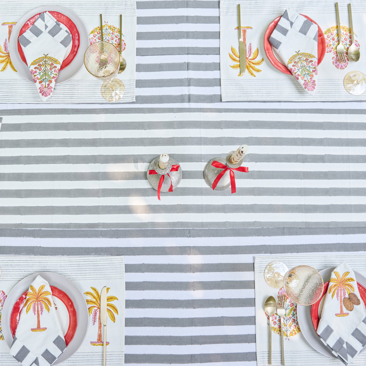 Grey Stripe Table Linen Set with Embroidered Napkins-Table Runners-House of Ekam