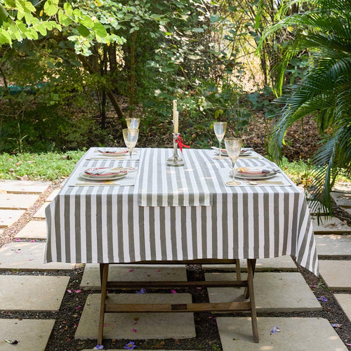 Grey Stripe Table Linen Set with Embroidered Napkins-Table Runners-House of Ekam
