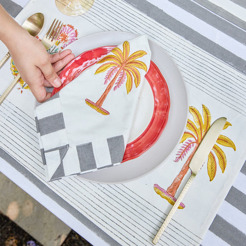 Grey Stripe Table Linen Set with Embroidered Napkins-Table Runners-House of Ekam