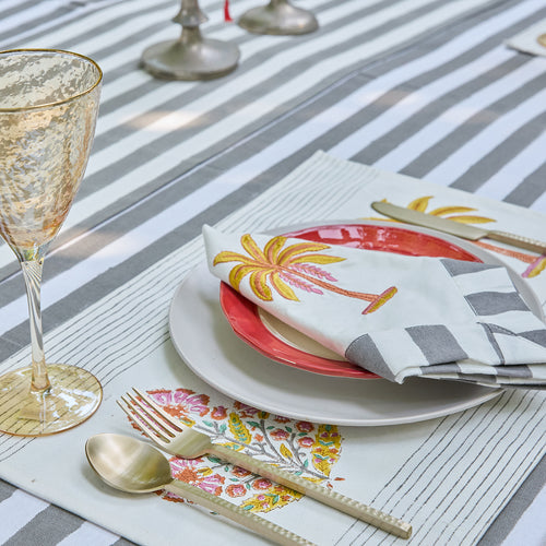 Grey Stripe Table Linen Set with Embroidered Napkins-Table Runners-House of Ekam