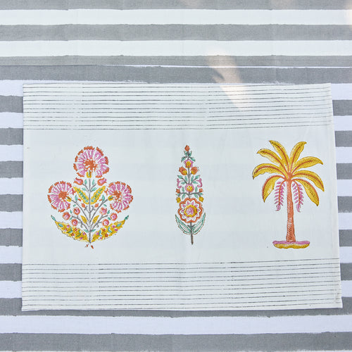 Grey Stripe Table Linen Set with Embroidered Napkins-Table Runners-House of Ekam