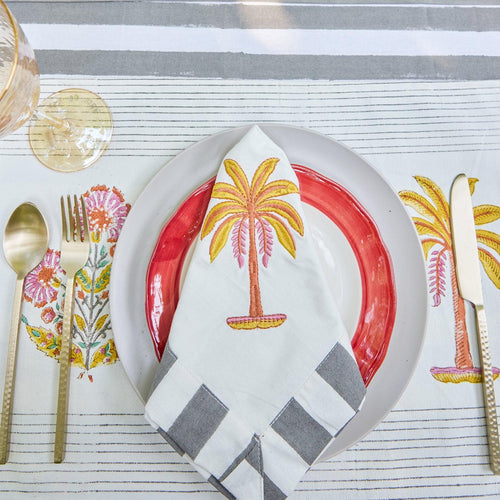 Grey Stripe Table Linen Set with Embroidered Napkins-Table Runners-House of Ekam