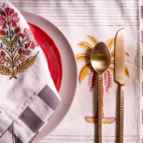 Grey Stripe Table Linen Set with Embroidered Napkins-Table Runners-House of Ekam