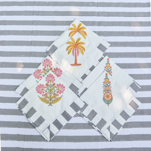 Grey Stripe Table Linen Set with Embroidered Napkins-Table Runners-House of Ekam