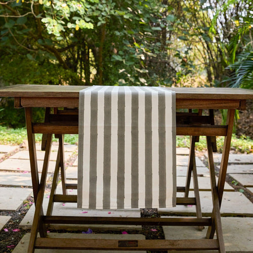 Grey Stripe Table Linen Set with Embroidered Napkins-Table Runners-House of Ekam