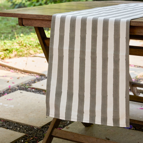 Grey Stripe Table Linen Set with Embroidered Napkins-Table Runners-House of Ekam