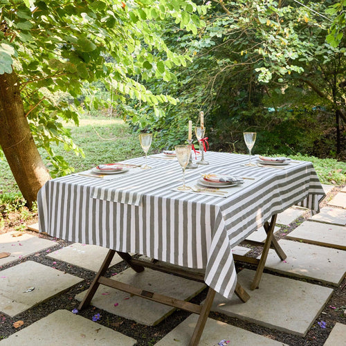 Grey Stripe Table Linen Set with Embroidered Napkins-Table Runners-House of Ekam
