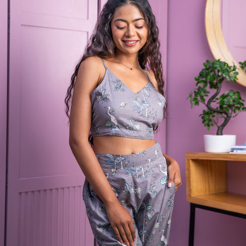 Grey Tropical Tango Co-ord Set with Crop Top-Coord sets-House of Ekam