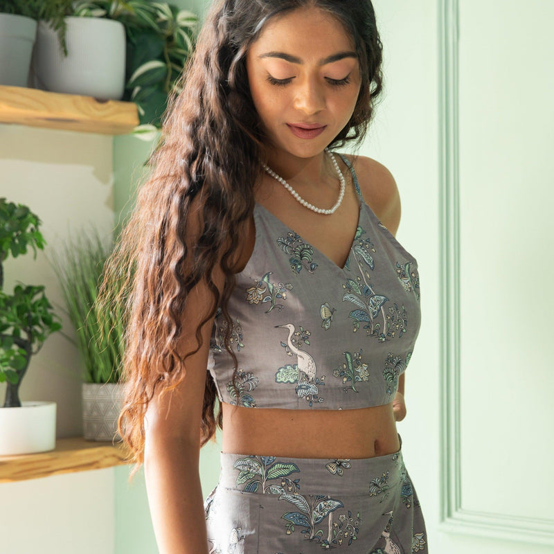 Grey Tropical Tango Skirt Co-ord Set with Crop Top-Coord sets-House of Ekam