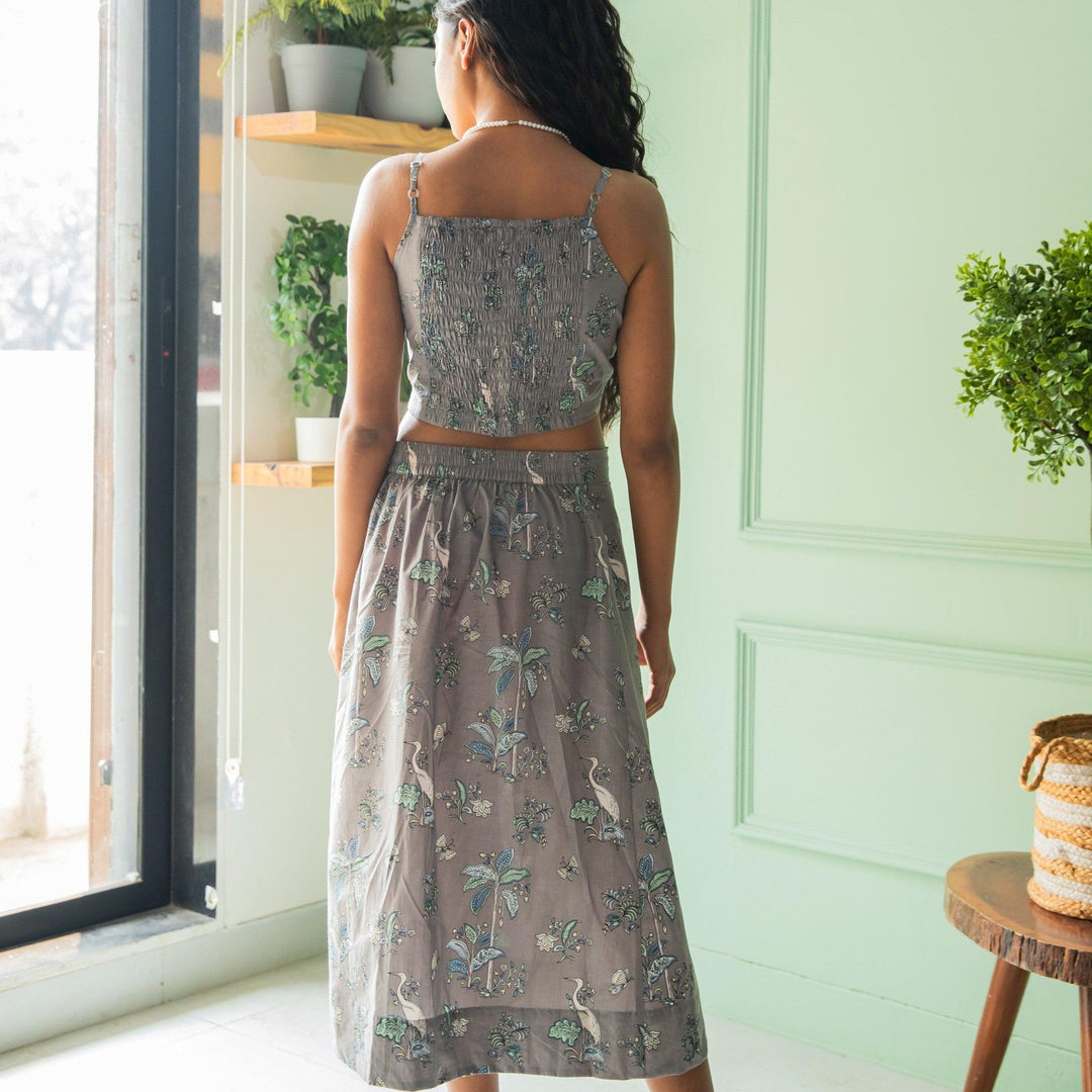Grey Tropical Tango Skirt Co-ord Set with Crop Top-Coord sets-House of Ekam