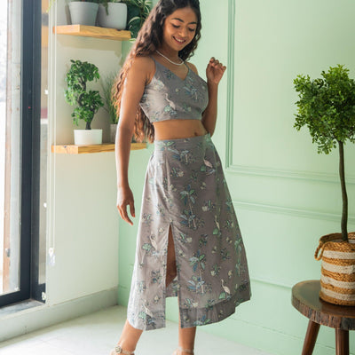 Grey Tropical Tango Skirt Co-ord Set with Crop Top-Coord sets-House of Ekam
