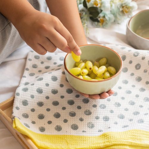 Grey & Yellow Blockprinted Polka Tea Towel-Tea Towels-House of Ekam