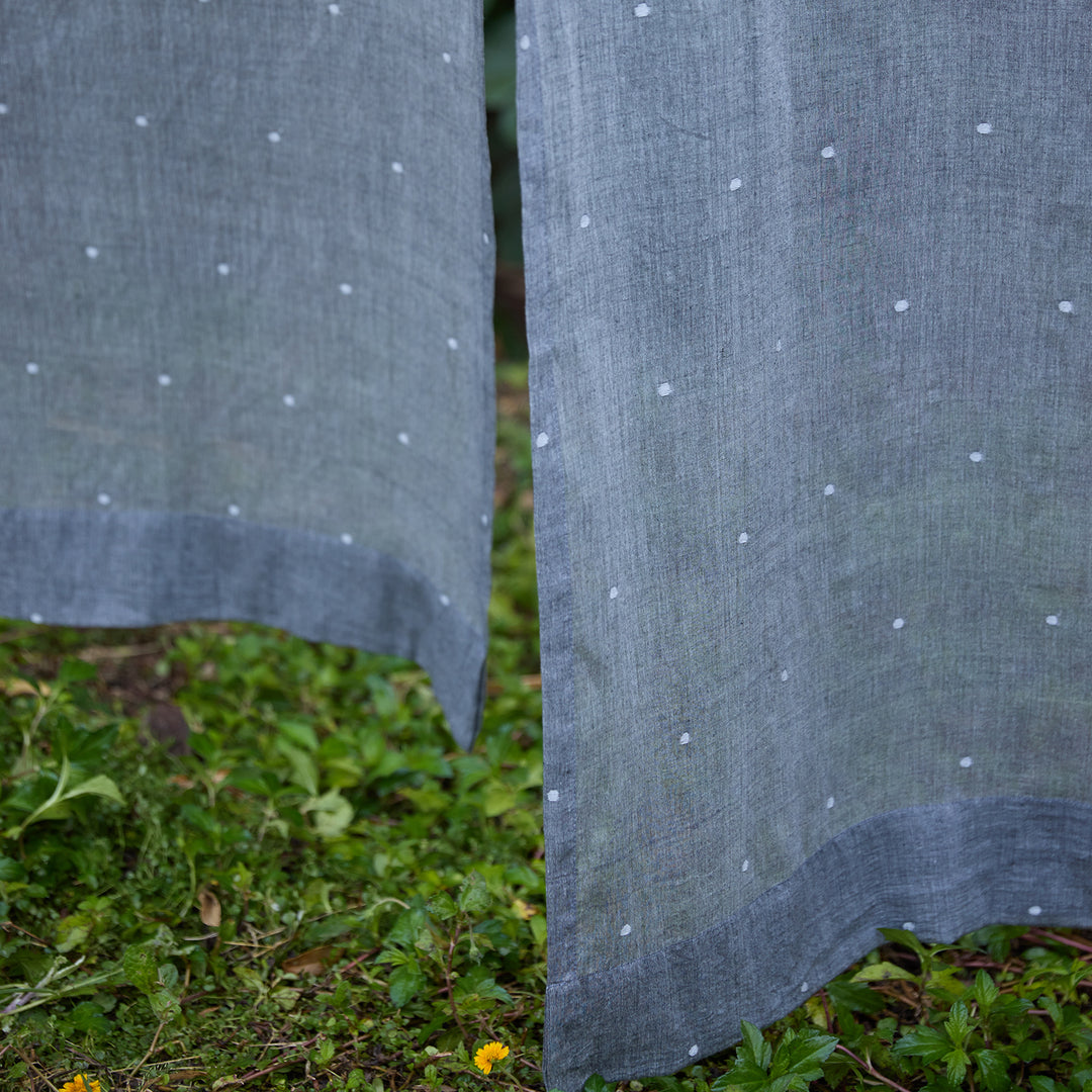 Grey and White Polka Jamdani Cotton Handloom Curtain-Curtains-House of Ekam