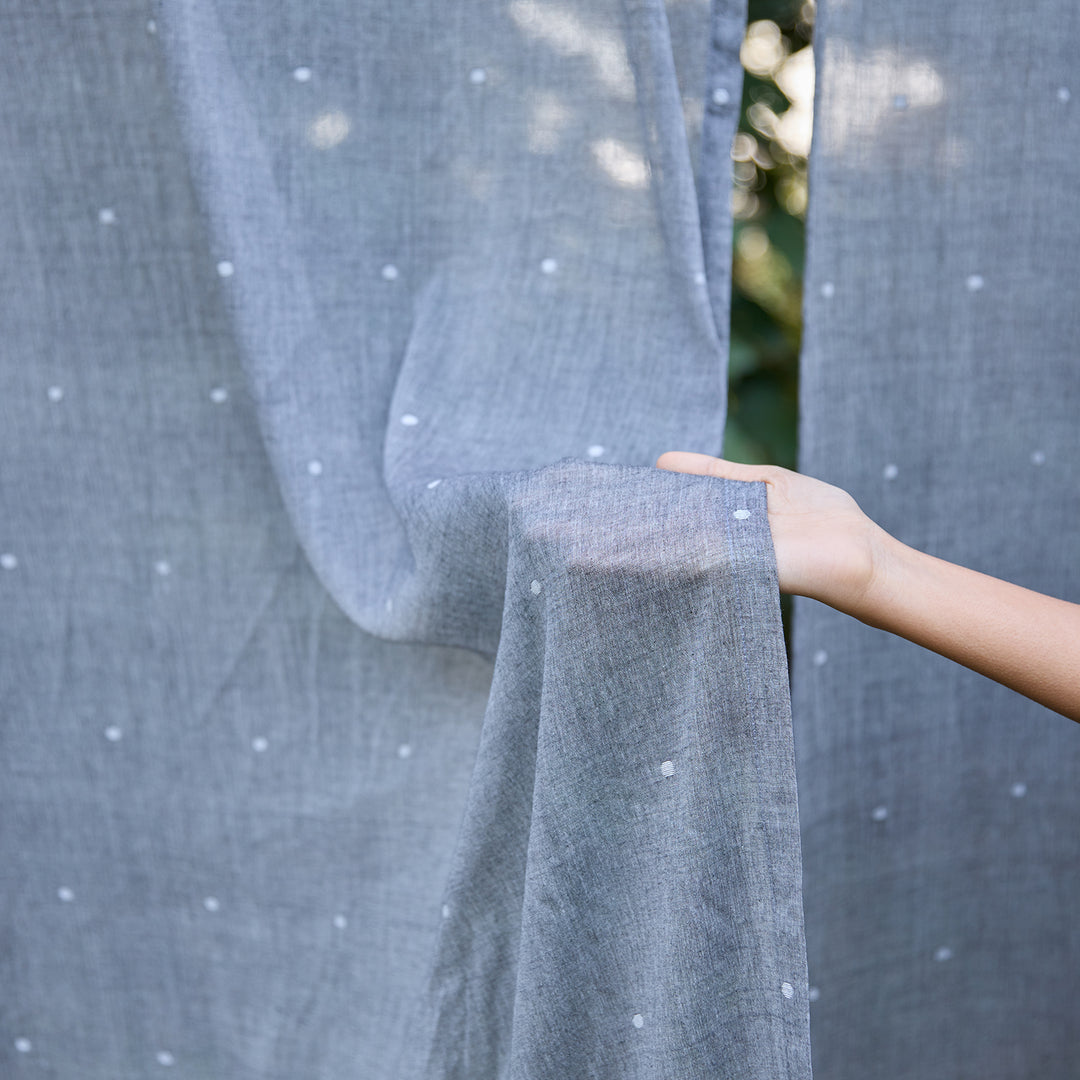 Grey and White Polka Jamdani Cotton Handloom Curtain-Curtains-House of Ekam