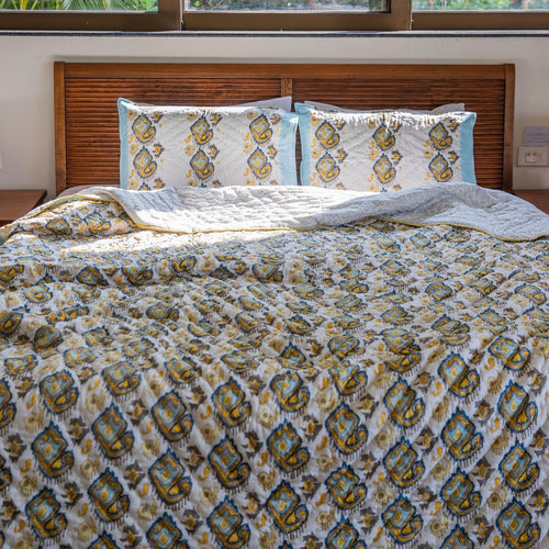 Grey and Yellow Ikat Blockprinted Handmade Quilt Set-Quilt sets-House of Ekam