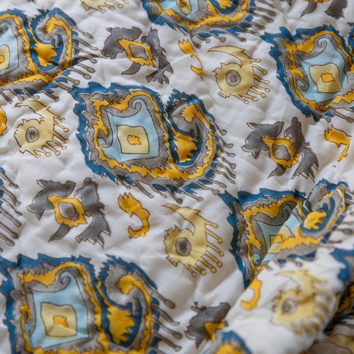 Grey and Yellow Ikat Blockprinted Handmade Quilt Set-Quilt sets-House of Ekam