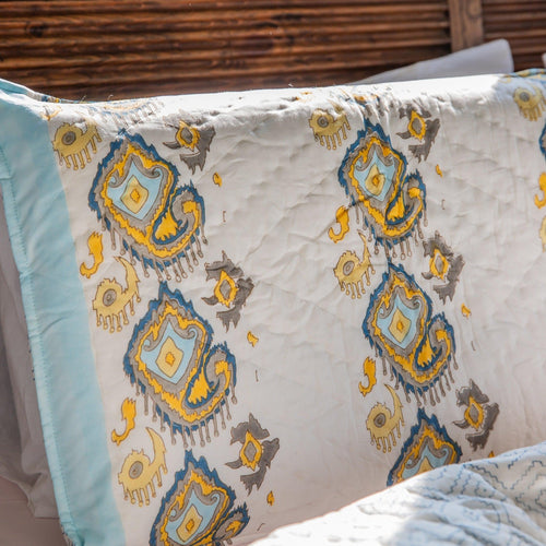 Grey and Yellow Ikat Blockprinted Handmade Quilt Set-Quilt sets-House of Ekam