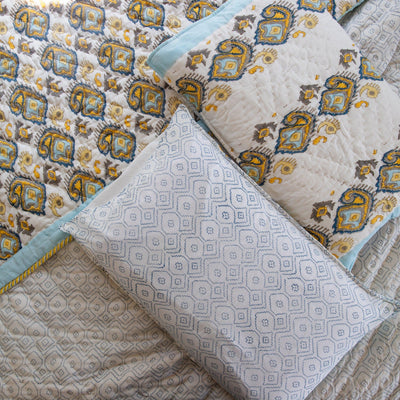 Grey and Yellow Ikat Blockprinted Handmade Quilt Set-Quilt sets-House of Ekam
