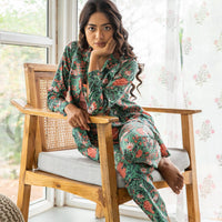 Gulbahaar Green and Orange Floral Jaal Hand Blockprinted Co-ord Set-Coord sets-House of Ekam