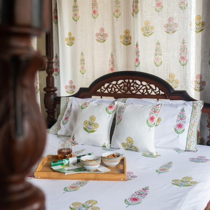 Guldasta Cypress Poppy Blockprint Double Bedsheet With Pillow Cover-Bedsheets-House of Ekam
