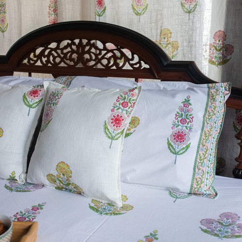 Guldasta Cypress Poppy Blockprint Double Bedsheet With Pillow Cover-Bedsheets-House of Ekam