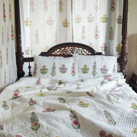 Guldasta Cypress Poppy Blockprint Handstitch PK Queen Size Quilt Set-Quilt sets-House of Ekam