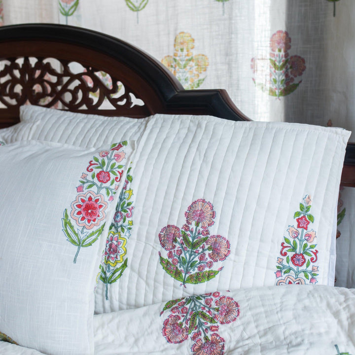 Guldasta Cypress Poppy Blockprint Handstitch Pique Queen Size Quilt Set-Quilt sets-House of Ekam