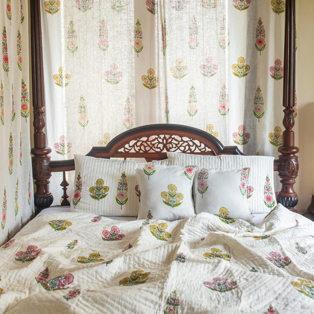 Guldasta Cypress Poppy Blockprint Handstitch Pique Queen Size Quilt Set-Quilt sets-House of Ekam