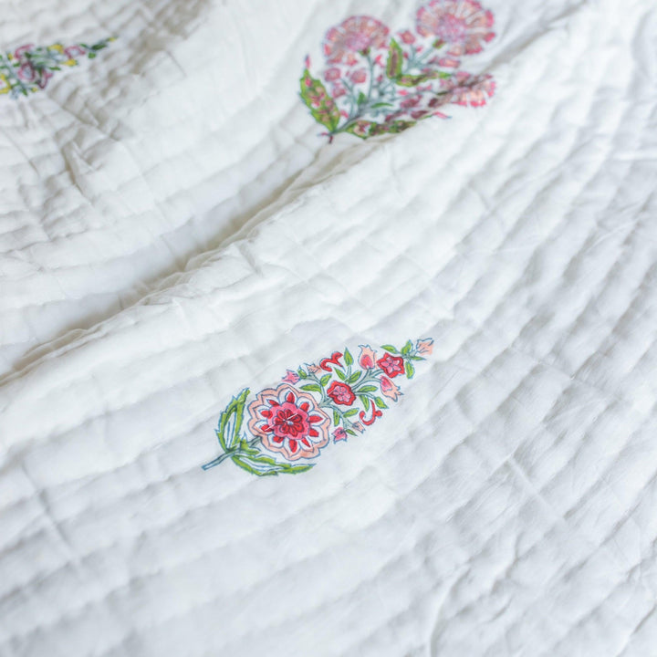Guldasta Cypress Poppy Blockprint Handstitch Pique Queen Size Quilt Set-Quilt sets-House of Ekam