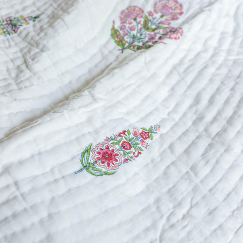 Guldasta Cypress Poppy Blockprint Handstitch Pique Queen Size Quilt Set-Quilt sets-House of Ekam