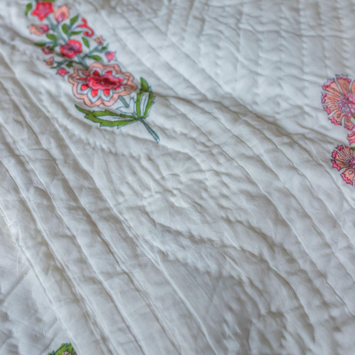 Guldasta Cypress Poppy Blockprint Handstitch Pique Queen Size Quilt Set-Quilt sets-House of Ekam