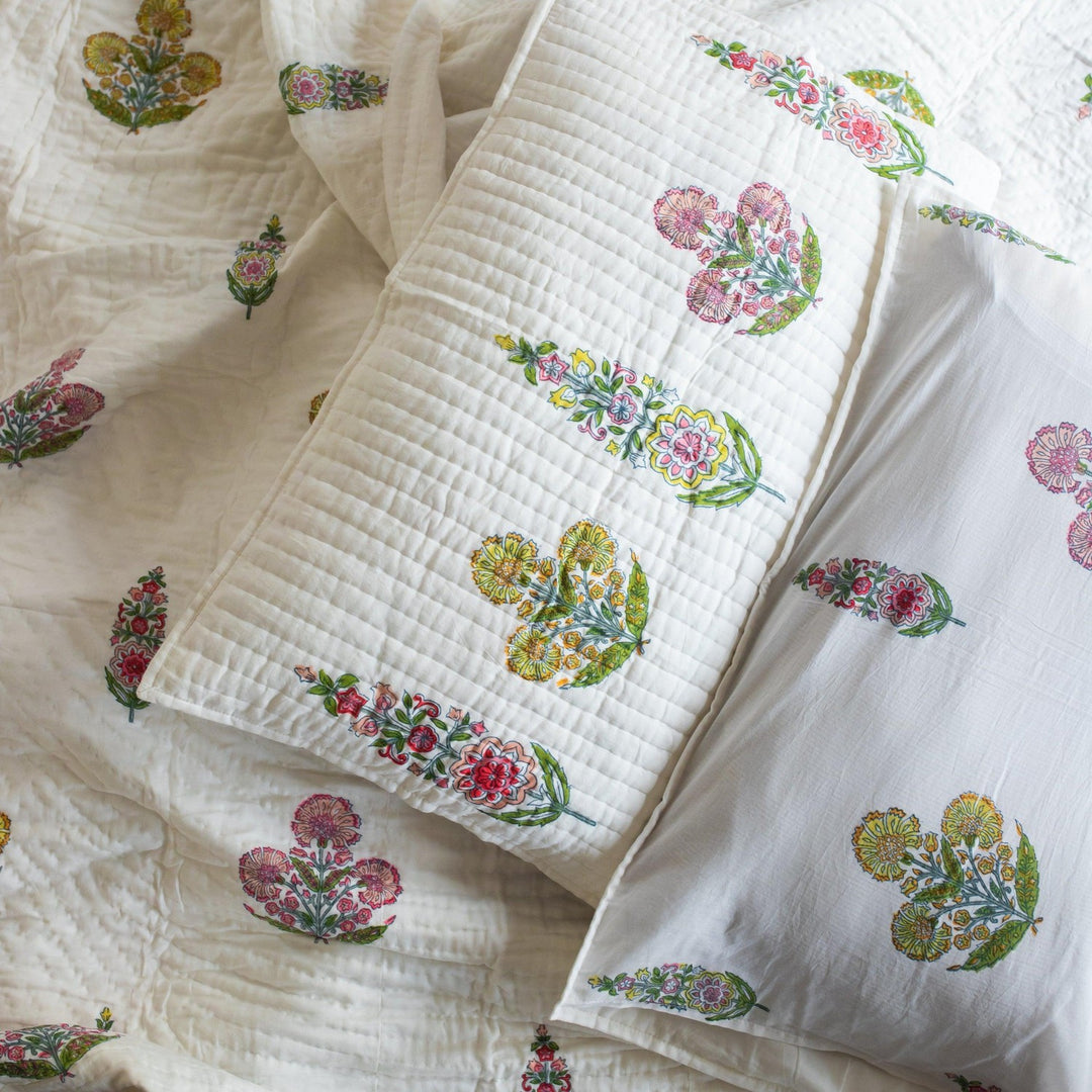 Guldasta Cypress Poppy Blockprint Handstitch Pique Queen Size Quilt Set-Quilt sets-House of Ekam