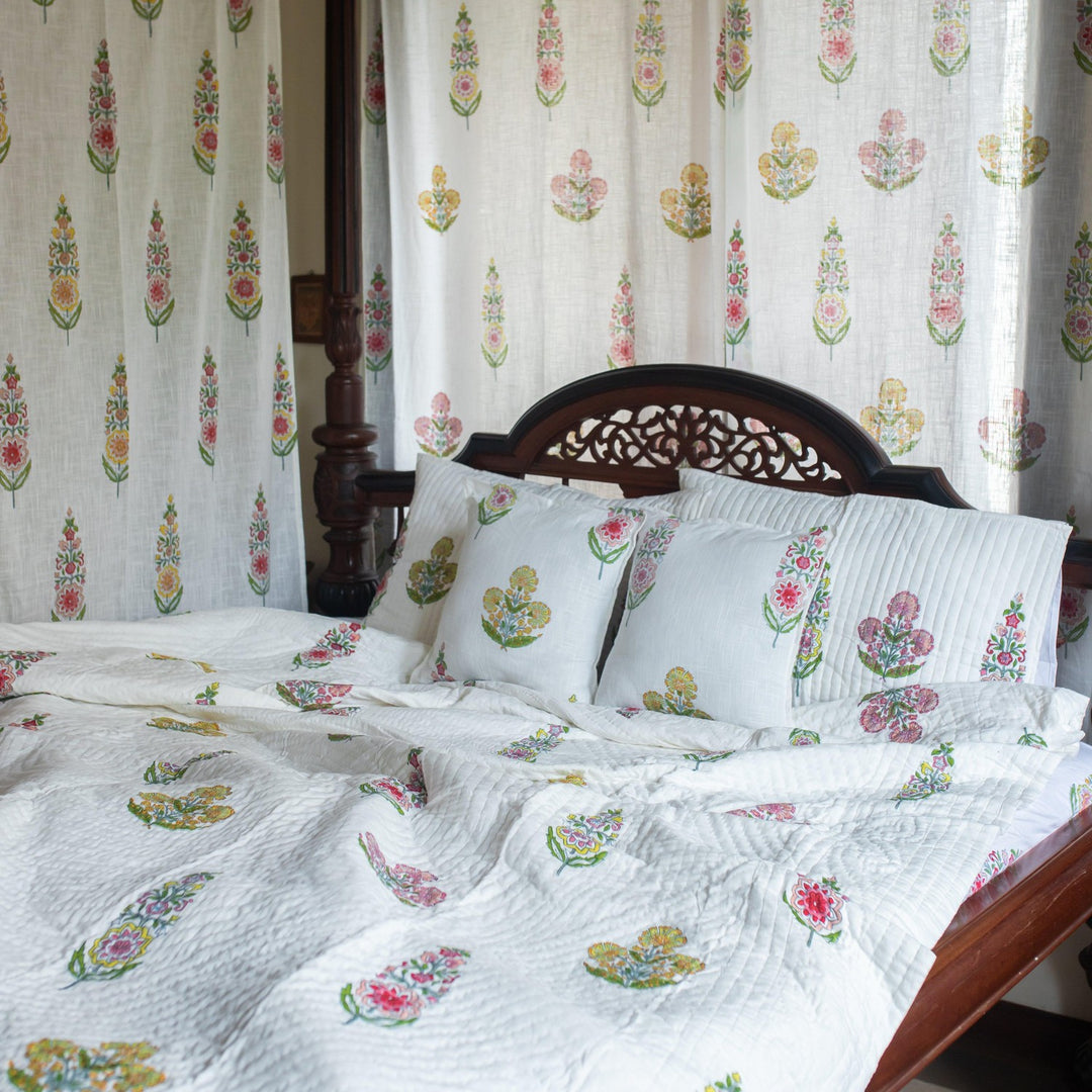 Guldasta Cypress Poppy Blockprint Handstitch Pique Queen Size Quilt Set-Quilt sets-House of Ekam