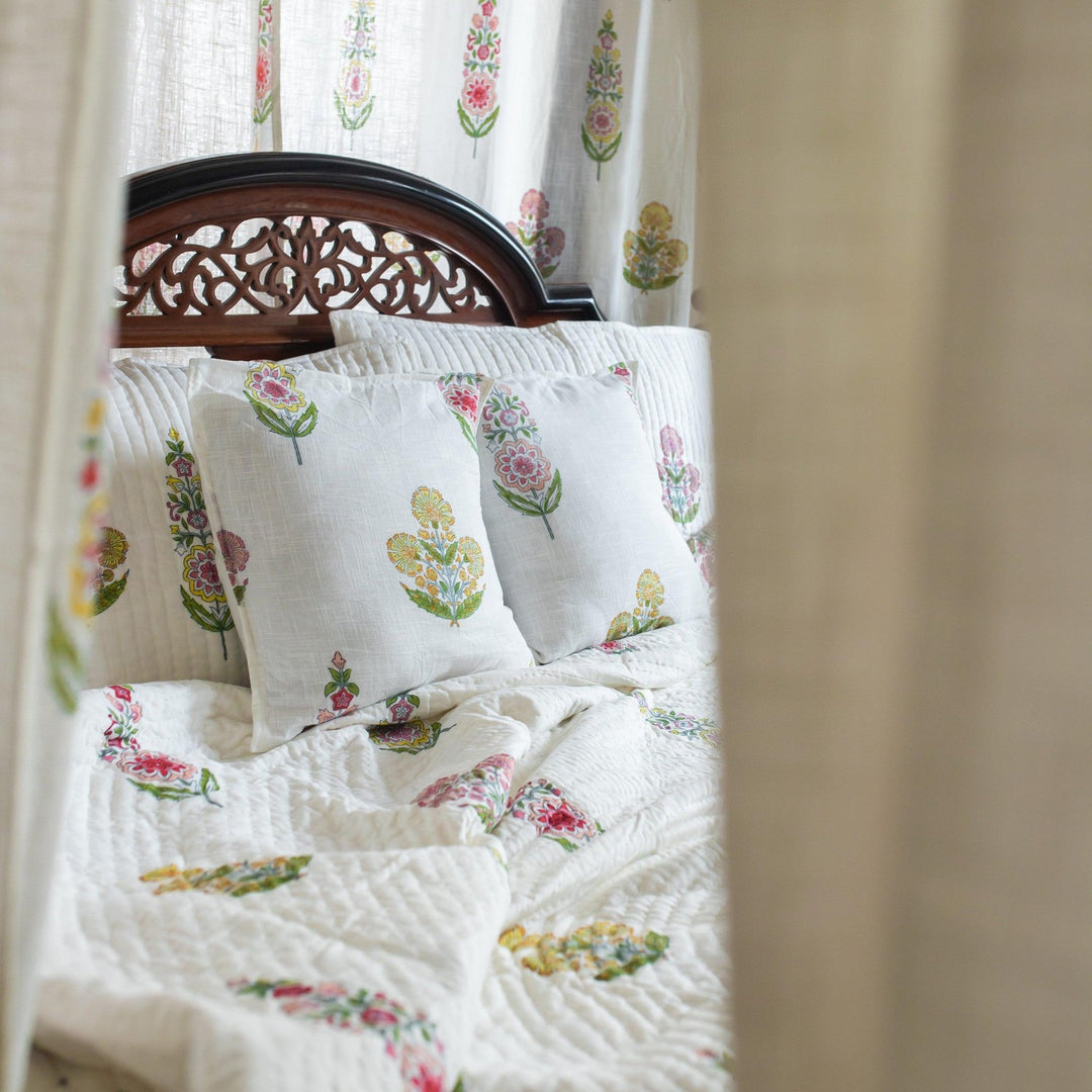 Guldasta Cypress Poppy Blockprint Handstitch Pique Queen Size Quilt Set-Quilt sets-House of Ekam