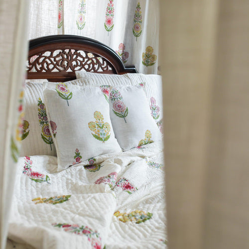 Guldasta Cypress Poppy Blockprint Handstitch Pique Queen Size Quilt Set-Quilt sets-House of Ekam