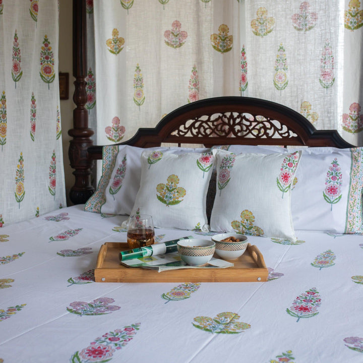 Guldasta Cypress Poppy Blockprint Handstitch Pique Queen Size Quilt Set-Quilt sets-House of Ekam