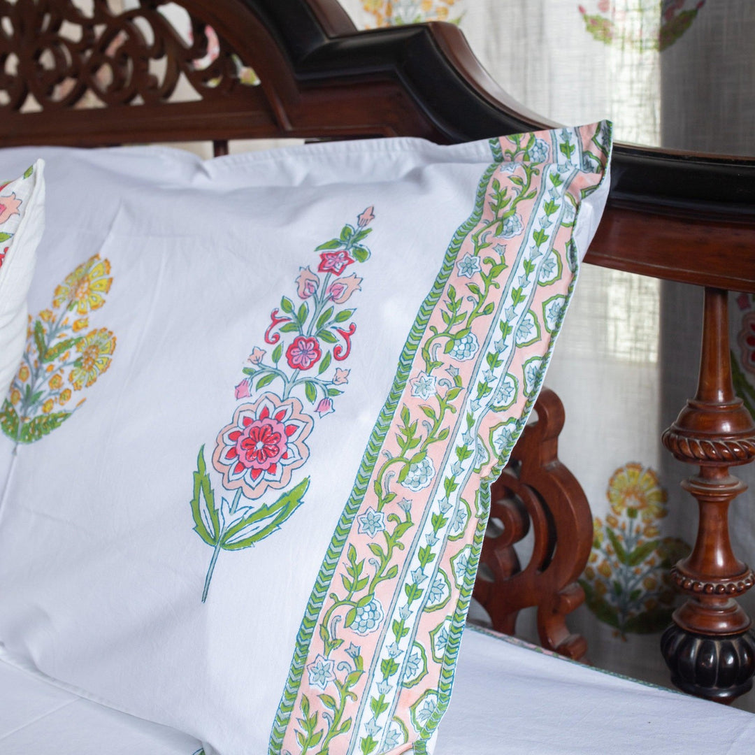 Guldasta Cypress Poppy Blockprint Handstitch Pique Queen Size Quilt Set-Quilt sets-House of Ekam