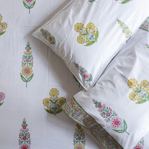 Guldasta Cypress Poppy Blockprint Handstitch Pique Queen Size Quilt Set-Quilt sets-House of Ekam