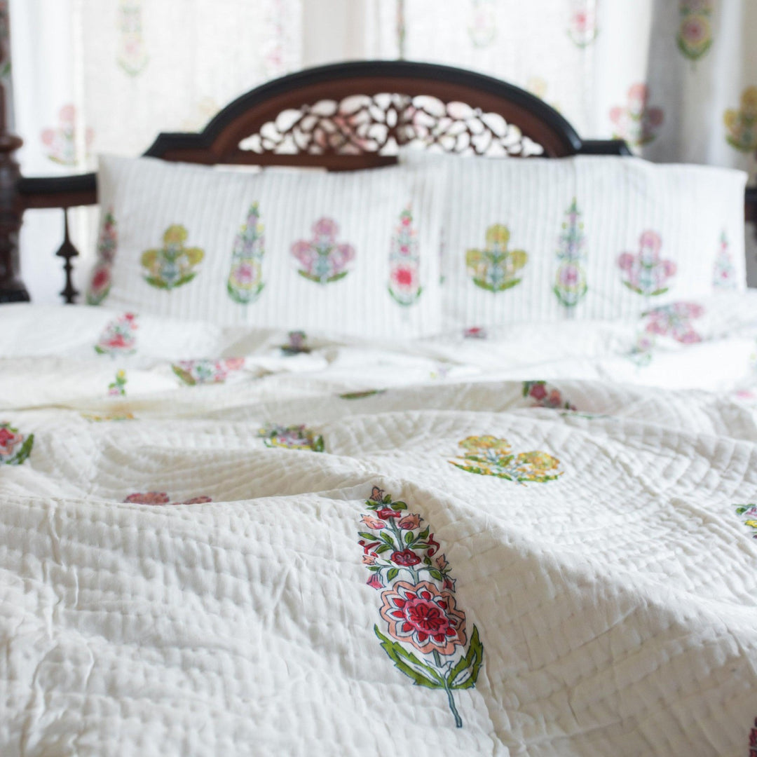 Guldasta Cypress Poppy Blockprint Handstitch Pique Queen Size Quilt Set-Quilt sets-House of Ekam