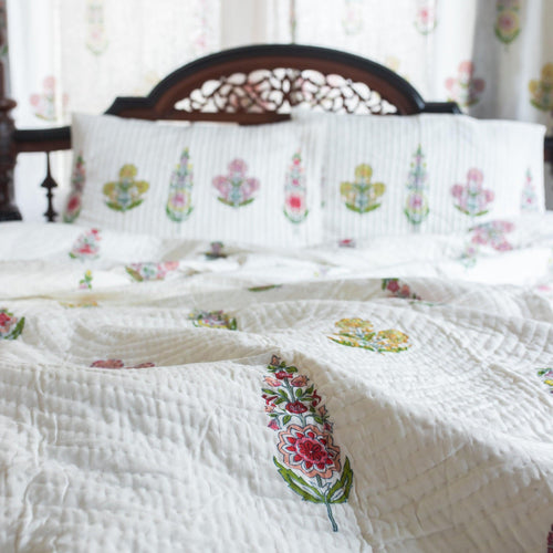 Guldasta Cypress Poppy Blockprint Handstitch Pique Queen Size Quilt Set-Quilt sets-House of Ekam