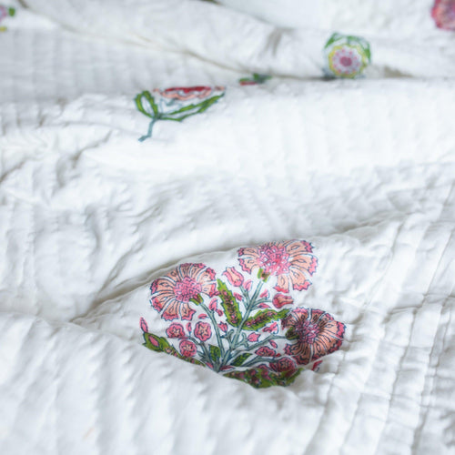 Guldasta Cypress Poppy Blockprint Handstitch Pique Queen Size Quilt Set-Quilt sets-House of Ekam