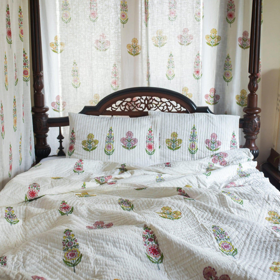 Guldasta Cypress Poppy Blockprint Handstitch Pique Queen Size Quilt Set-Quilt sets-House of Ekam