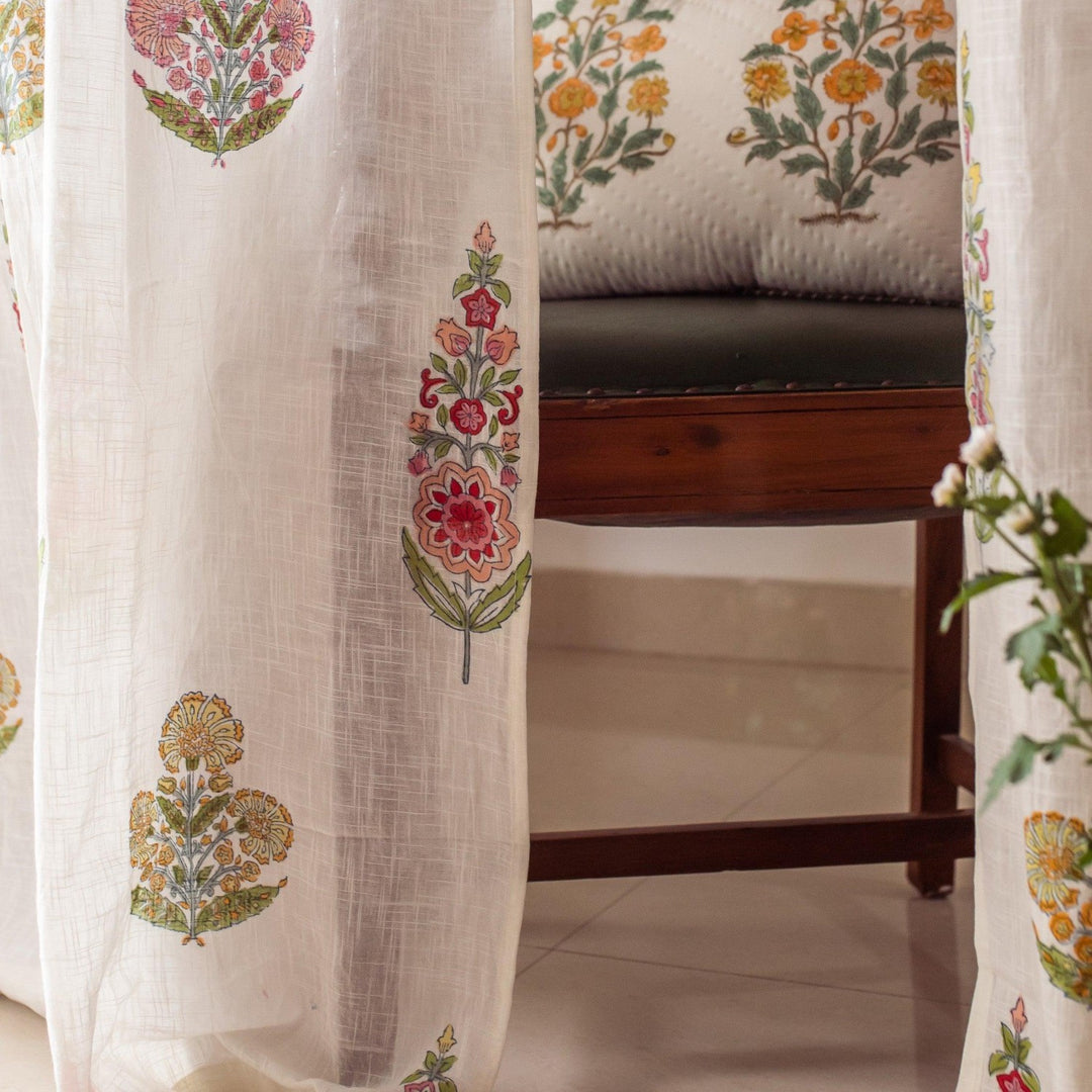 Guldasta Cypress Poppy Blockprint Sheer Curtain-Curtains-House of Ekam