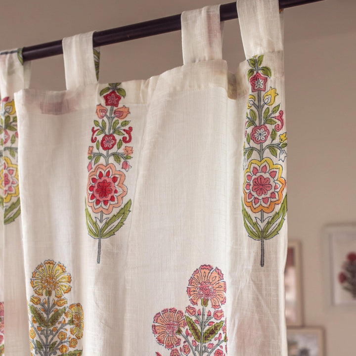 Guldasta Cypress Poppy Blockprint Sheer Curtain-Curtains-House of Ekam