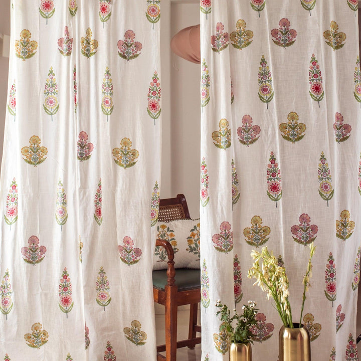Guldasta Cypress Poppy Blockprint Sheer Curtain-Curtains-House of Ekam