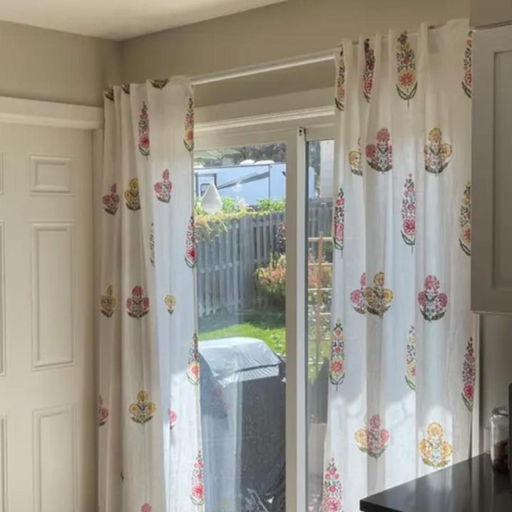 Guldasta Cypress Poppy Blockprint Sheer Curtain-Curtains-House of Ekam